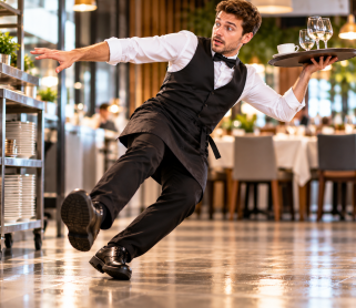 Serveur en équilibre précaire au restaurant