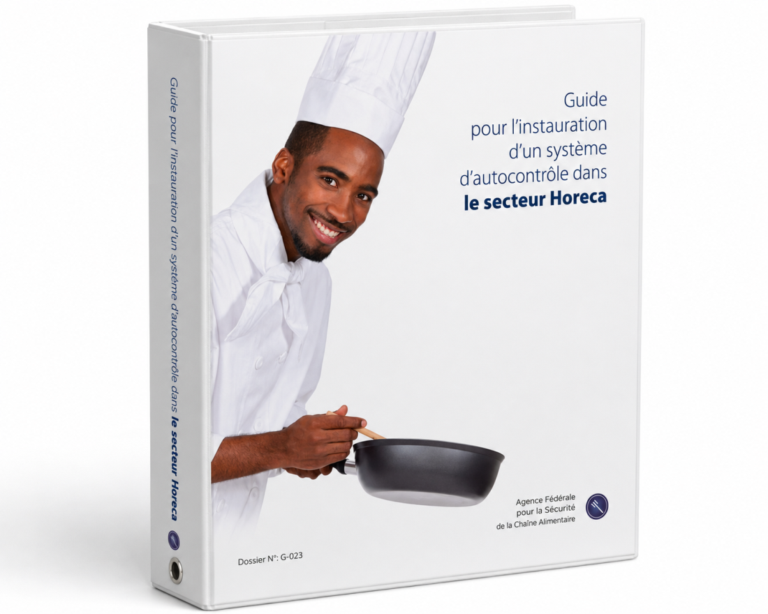 Guide pour l’instauration d’un système d’autocontrôle dans le secteur Horeca, illustré par un cuisinier.