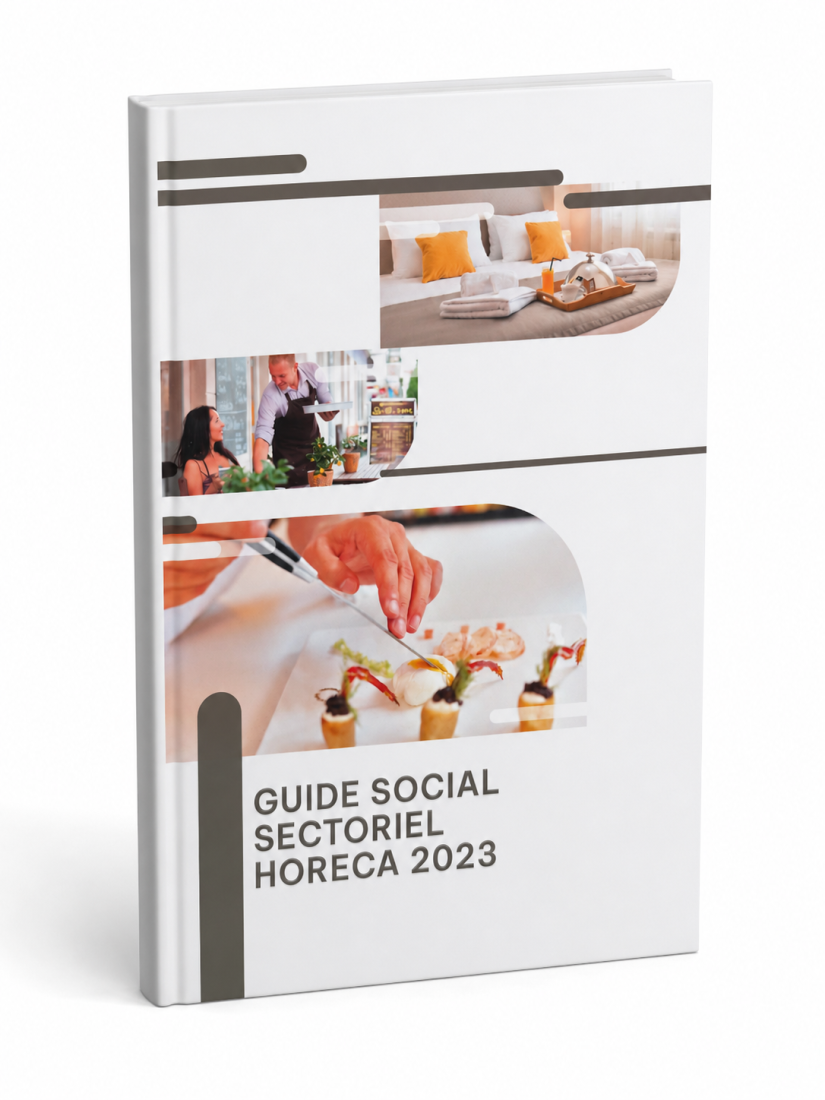 Couverture du « Guide social sectoriel Horeca 2023 », illustrée par des scènes d’hôtel, de service en salle et de cuisine.
