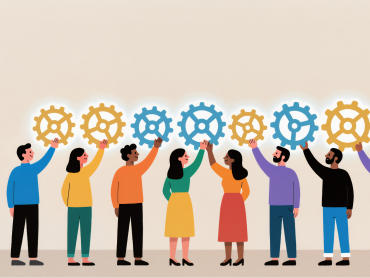 Dessin de personnes levant un bras vers un encrenage