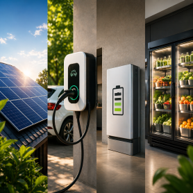 Montage illustrant la transition énergétique avec des panneaux solaires, une borne de recharge électrique, une batterie et un réfrigérateur rempli de produits.