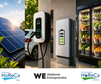 Image illustrant la transition énergétique dans l’horeca : panneaux solaires, borne de recharge électrique, batterie de stockage et réfrigérateur rempli de produits frais.