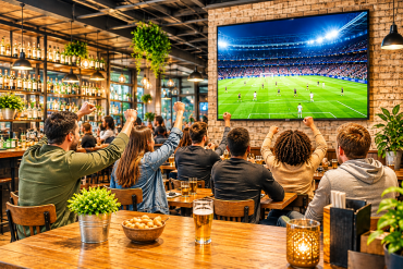 personnes regardant un match de foot dans un bar